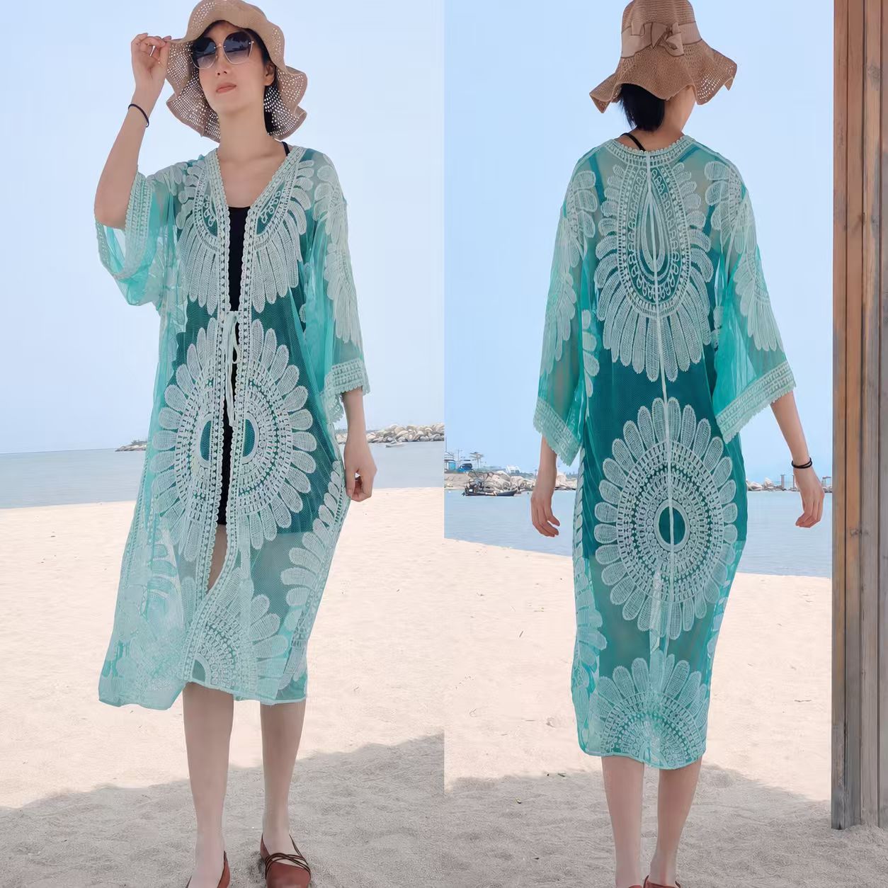Gehäkelter Strand-Sonnenschutz-Cardigan mit hohler Spitze für Damen