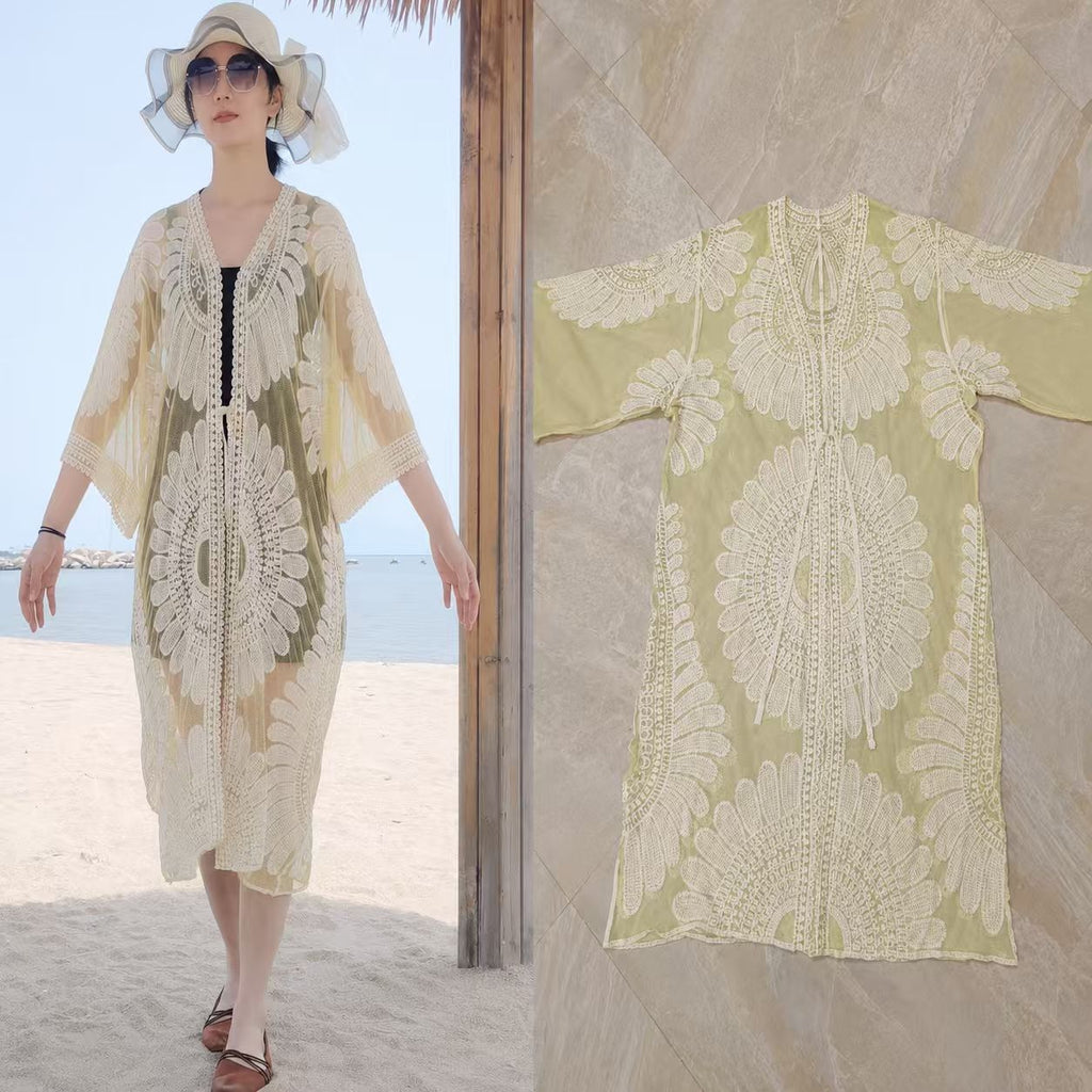 Gehäkelter Strand-Sonnenschutz-Cardigan mit hohler Spitze für Damen