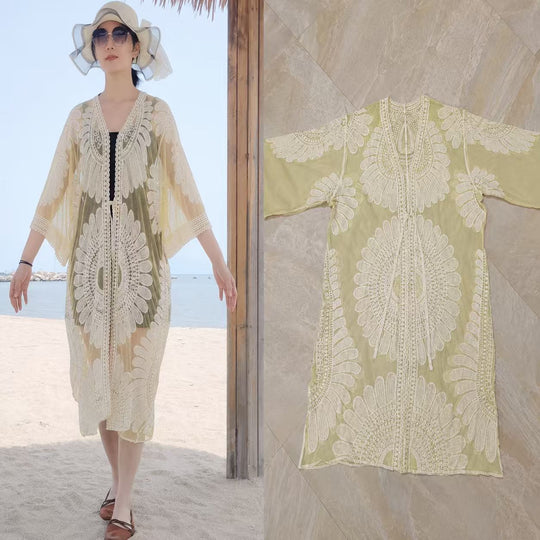 Gehäkelter Strand-Sonnenschutz-Cardigan mit hohler Spitze für Damen