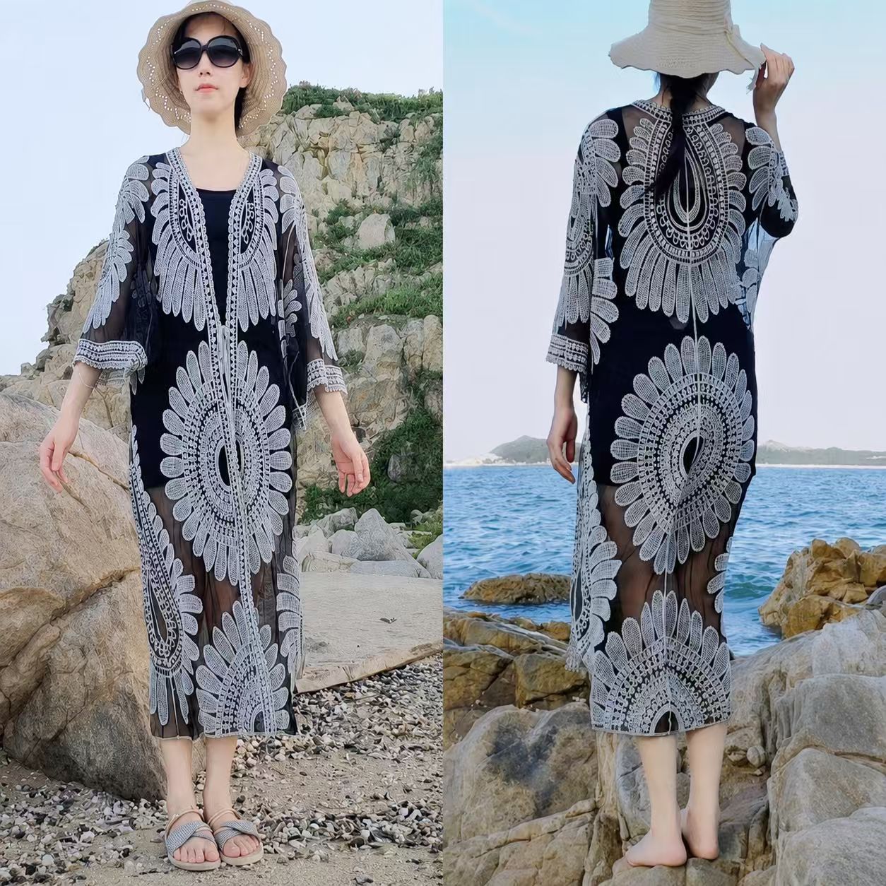 Gehäkelter Strand-Sonnenschutz-Cardigan mit hohler Spitze für Damen