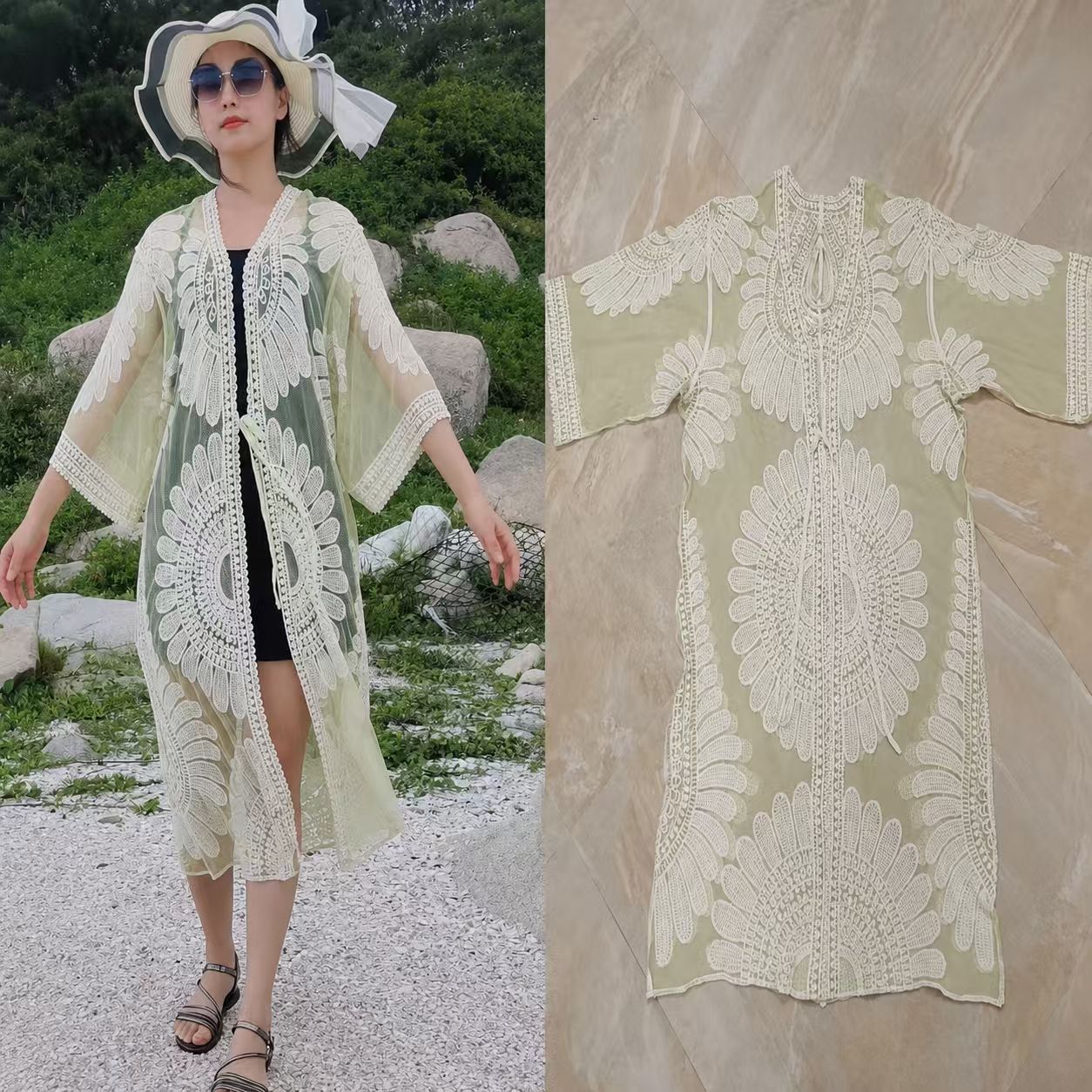 Gehäkelter Strand-Sonnenschutz-Cardigan mit hohler Spitze für Damen