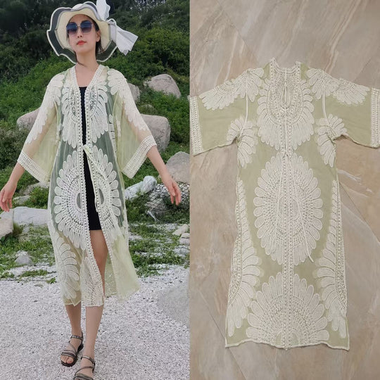 Gehäkelter Strand-Sonnenschutz-Cardigan mit hohler Spitze für Damen