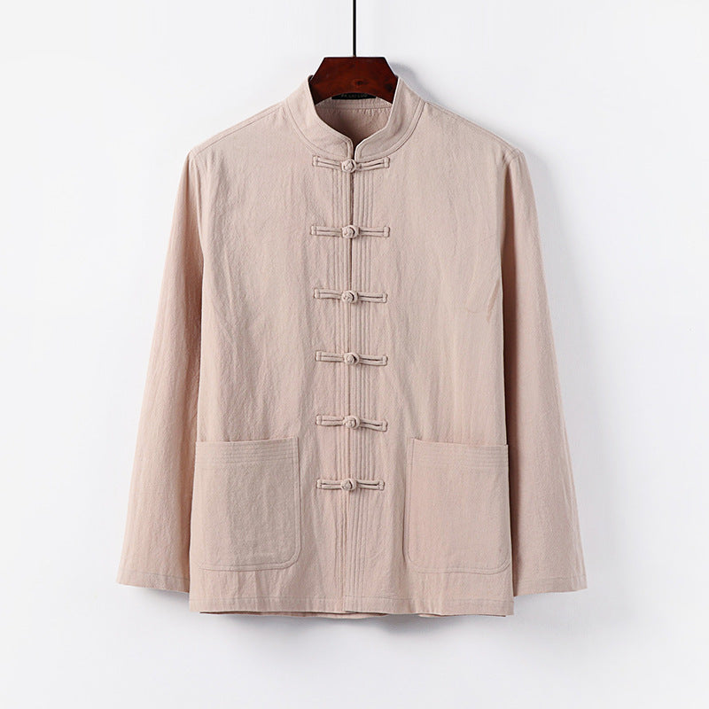 Herren traditionelle Tang-Jacke mit Stehkragen und Knotenknöpfen aus Leinenmischung Shop Nory