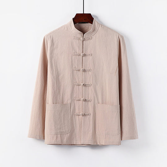 Herren traditionelle Tang-Jacke mit Stehkragen und Knotenknöpfen aus Leinenmischung Shop Nory