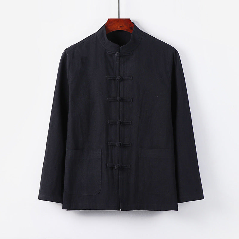 Herren traditionelle Tang-Jacke mit Stehkragen und Knotenknöpfen aus Leinenmischung Shop Nory