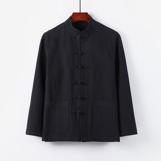 Herren traditionelle Tang-Jacke mit Stehkragen und Knotenknöpfen aus Leinenmischung Shop Nory
