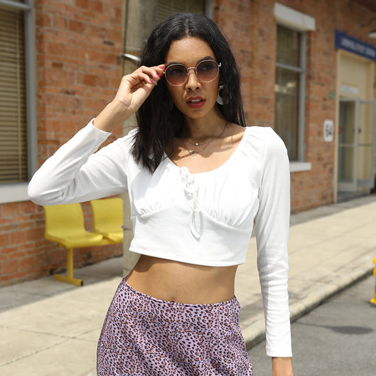 Damen figurbetontes Crop-Top mit gerafftem Bustier, U-Boot-Ausschnitt und langen Ärmeln Shop Nory