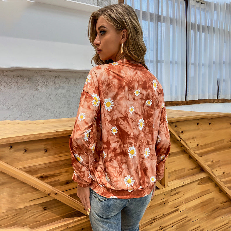 Damen locker geschnittenes Sweatshirt mit Gänseblümchen‑Print Batik‑Optik und Kängurutasche Shop Nory