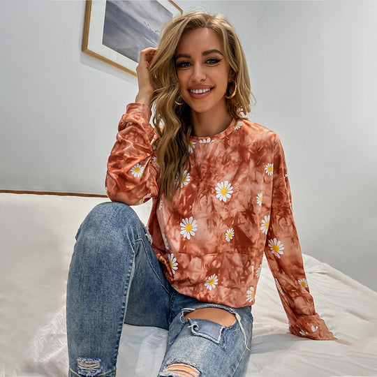 Damen locker geschnittenes Sweatshirt mit Gänseblümchen‑Print Batik‑Optik und Kängurutasche Shop Nory