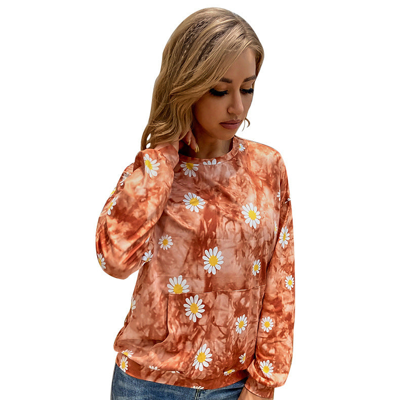 Damen locker geschnittenes Sweatshirt mit Gänseblümchen‑Print Batik‑Optik und Kängurutasche Shop Nory