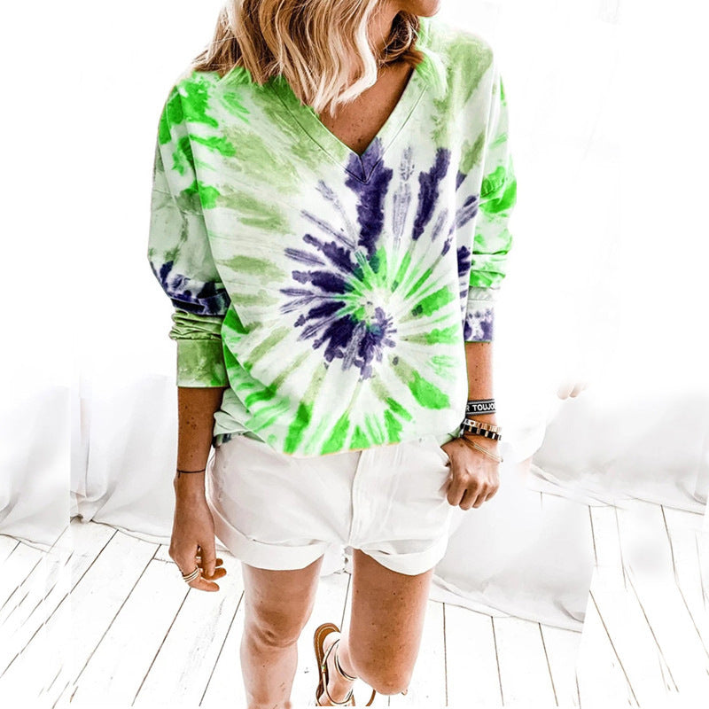 Damen Lässiges Batik-V‑Ausschnitt Sweatshirt mit lockerer Passform Shop Nory