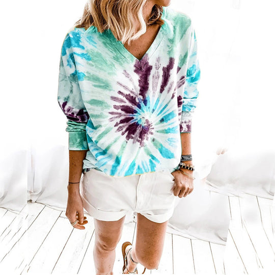 Damen Lässiges Batik-V‑Ausschnitt Sweatshirt mit lockerer Passform Shop Nory
