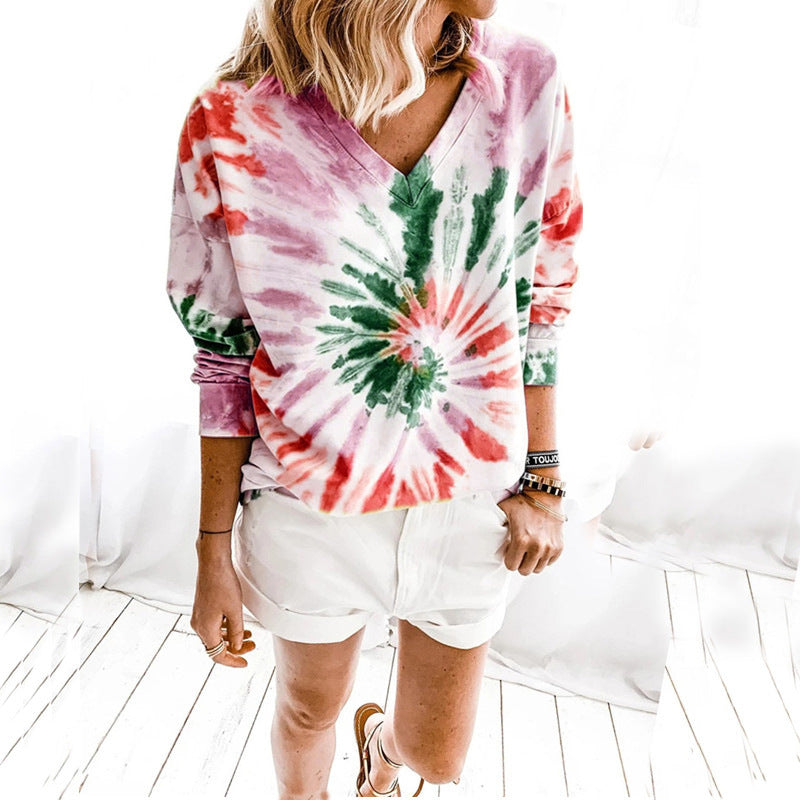 Damen Lässiges Batik-V‑Ausschnitt Sweatshirt mit lockerer Passform Shop Nory