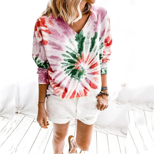 Damen Lässiges Batik-V‑Ausschnitt Sweatshirt mit lockerer Passform Shop Nory