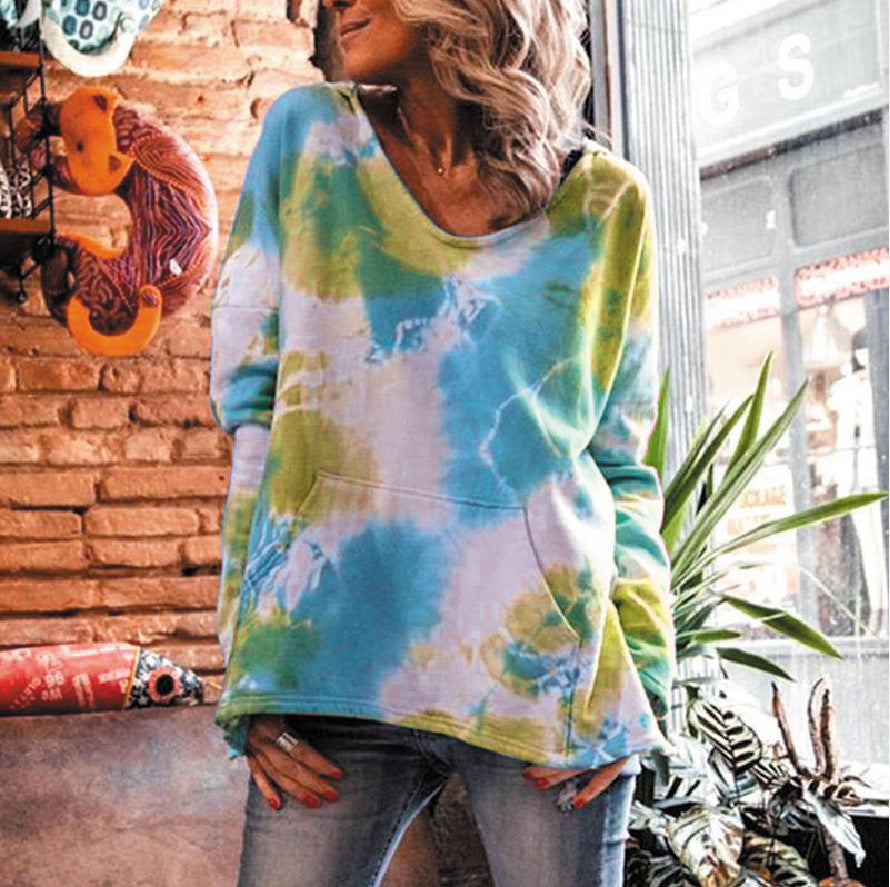 Damen Oversize Batik-Pullover mit V-Ausschnitt und Kängurutasche Shop Nory