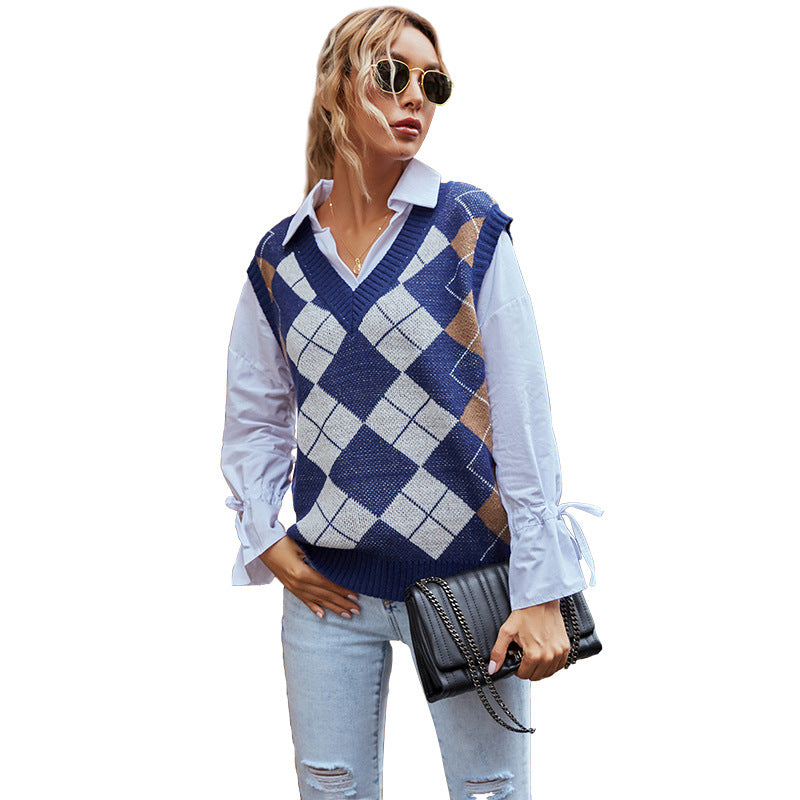 Damen Strickweste mit Rautenmuster und V-Ausschnitt Shop Nory
