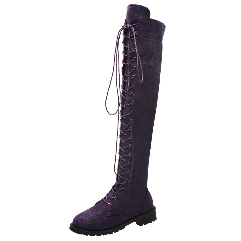 Damen Overkneestiefel aus weichem Wildleder mit dekorativem Schnür-Design