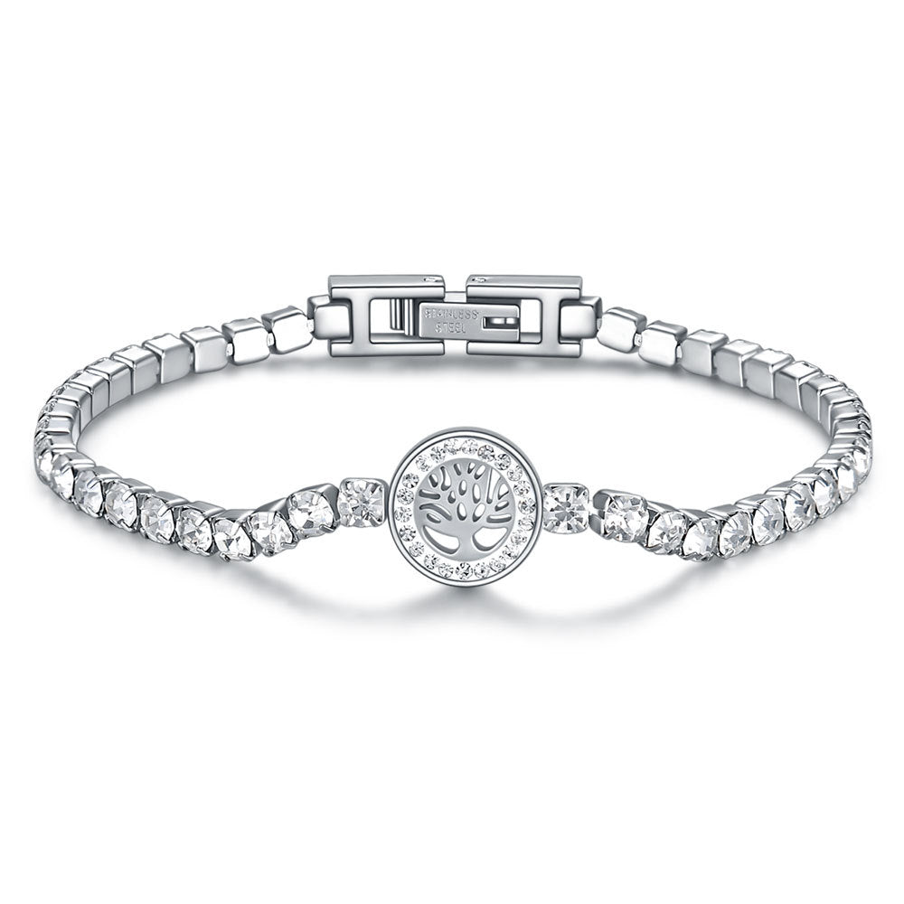 Damen Armband aus Edelstahl mit funkelnden Zirkonia und Baum-des-Lebens-Motiv Shop Nory