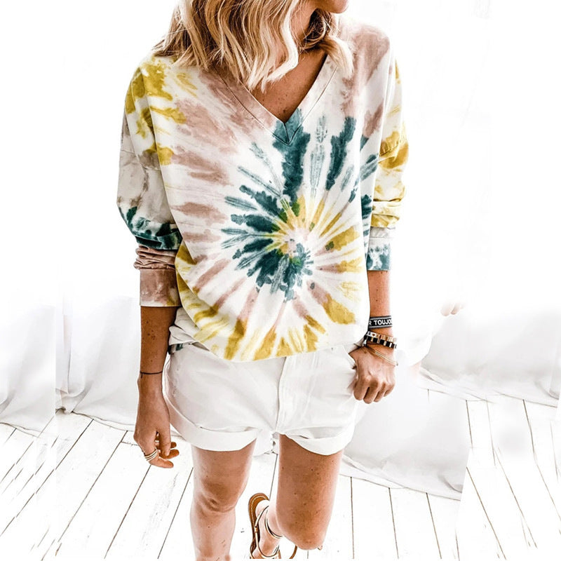 Damen Lässiges Batik-V‑Ausschnitt Sweatshirt mit lockerer Passform Shop Nory