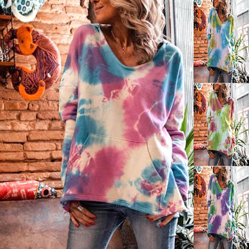 Damen Oversize Batik-Pullover mit V-Ausschnitt und Kängurutasche Shop Nory