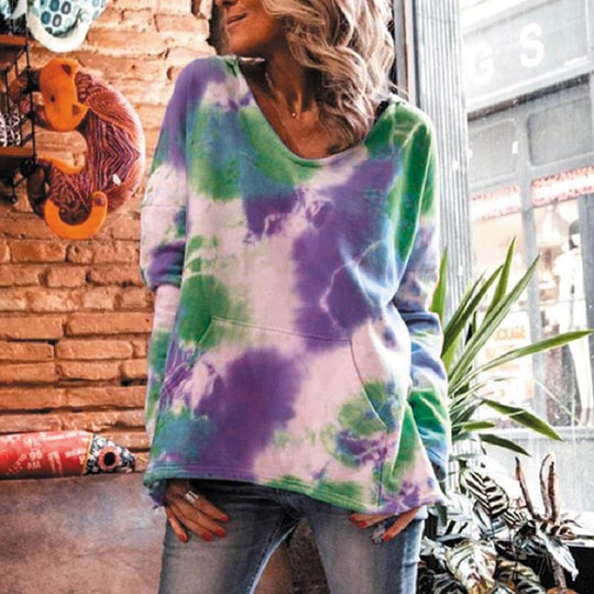 Damen Oversize Batik-Pullover mit V-Ausschnitt und Kängurutasche Shop Nory