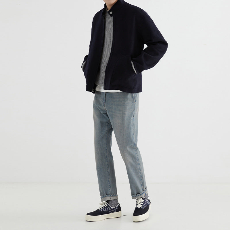 Herren Kurzgeschnittene Wollfleece-Übergangsjacke mit Stehkragen und geschwungenen Eingrifftaschen Shop Nory