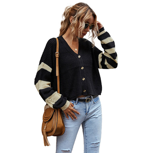 Damen Kurzstrickjacke mit Knopfleiste, kontrastierenden Blockstreifenärmeln & geripptem Saum Shop Nory
