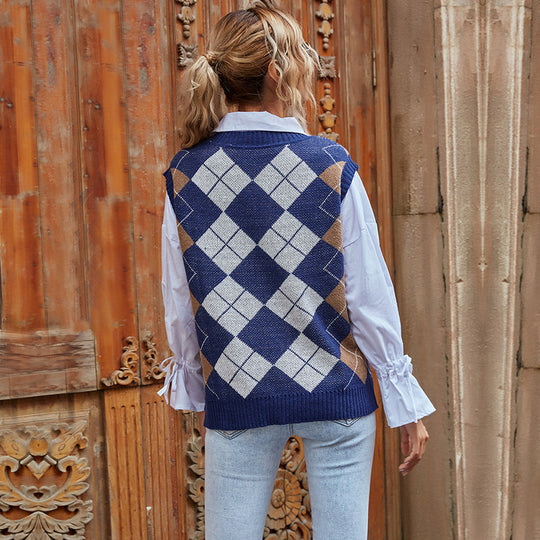 Damen Strickweste mit Rautenmuster und V-Ausschnitt Shop Nory