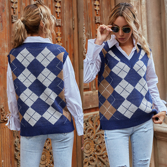 Damen Strickweste mit Rautenmuster und V-Ausschnitt Shop Nory