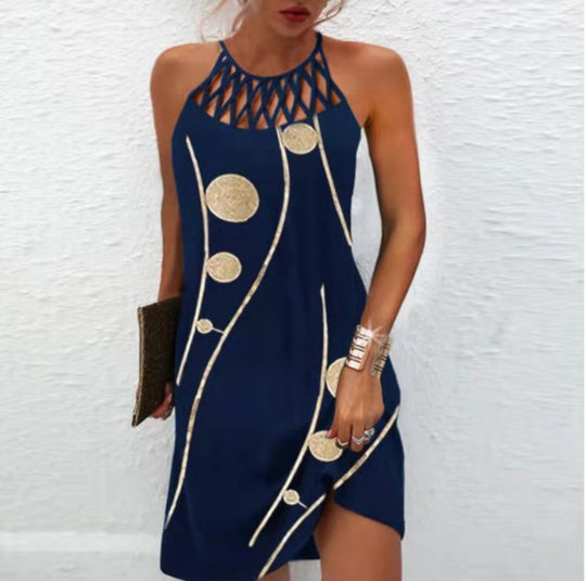 Shopnory | Positionierung Bedrucktes Mesh Strap Ärmelloses Kleid