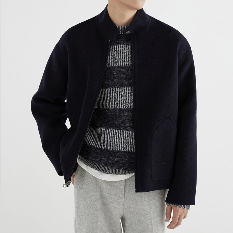 Herren Kurzgeschnittene Wollfleece-Übergangsjacke mit Stehkragen und geschwungenen Eingrifftaschen Shop Nory