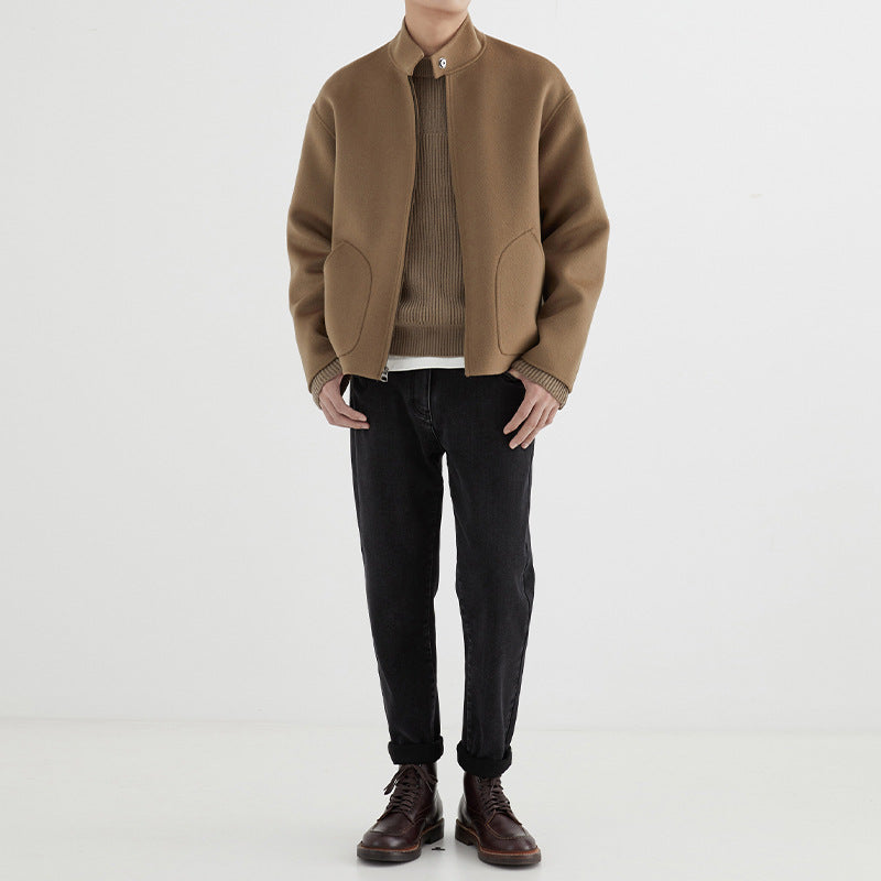 Herren Kurzgeschnittene Wollfleece-Übergangsjacke mit Stehkragen und geschwungenen Eingrifftaschen Shop Nory
