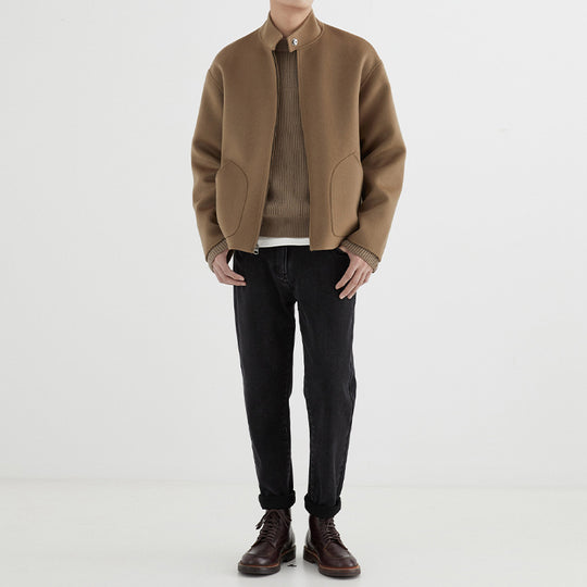 Herren Kurzgeschnittene Wollfleece-Übergangsjacke mit Stehkragen und geschwungenen Eingrifftaschen Shop Nory