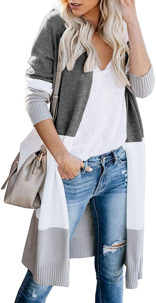 Damen Longline-Cardigan mit Colorblock, geripptem Saum und offener Front Shop Nory