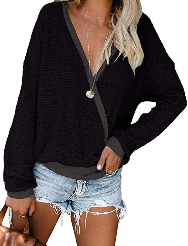 Damen Lockerer Waffelstrick-Pullover mit tiefem V-Ausschnitt und Lagen‑Look Shop Nory