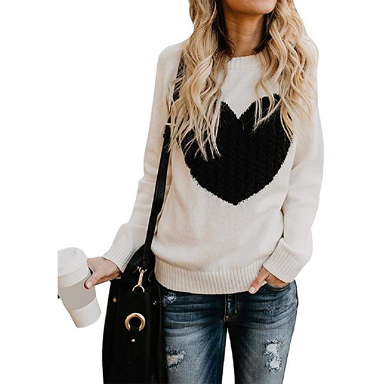 Damen Strickpullover mit Herzapplikation, Rippbündchen und legerer Passform Shop Nory