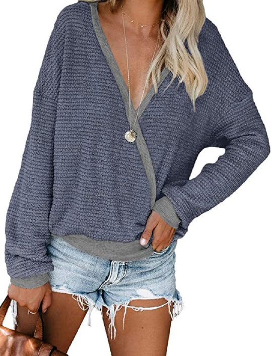 Damen Lockerer Waffelstrick-Pullover mit tiefem V-Ausschnitt und Lagen‑Look Shop Nory
