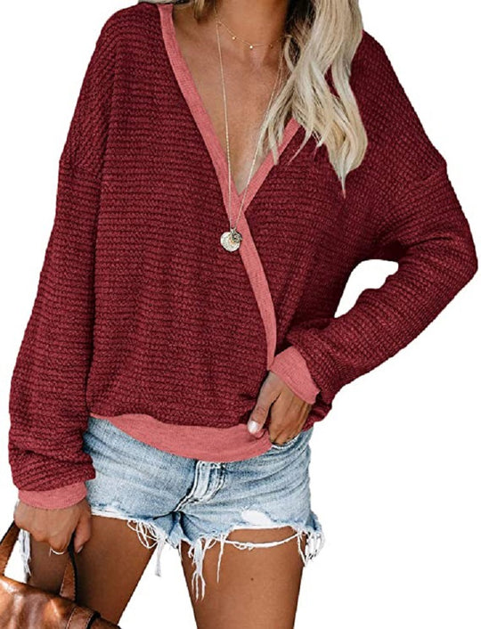 Damen Lockerer Waffelstrick-Pullover mit tiefem V-Ausschnitt und Lagen‑Look Shop Nory