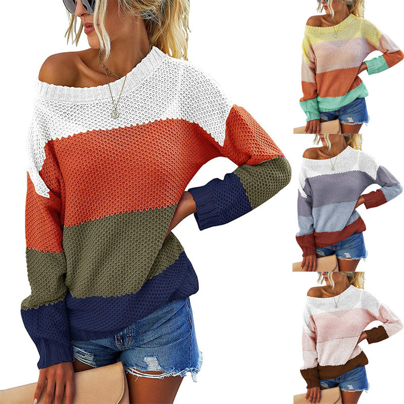 Damen Schulterfreier Blockstreifen-Strickpullover mit Waffelstruktur und Oversize-Schnitt Shop Nory