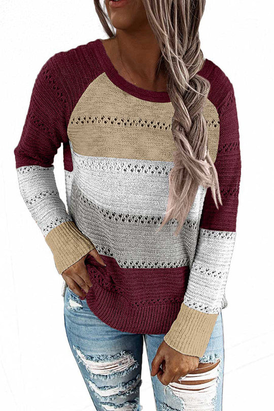 Damen Lässiger Strickpullover mit Ajour‑Muster, Colourblock‑Einsätzen und lockerer Passform Shop Nory
