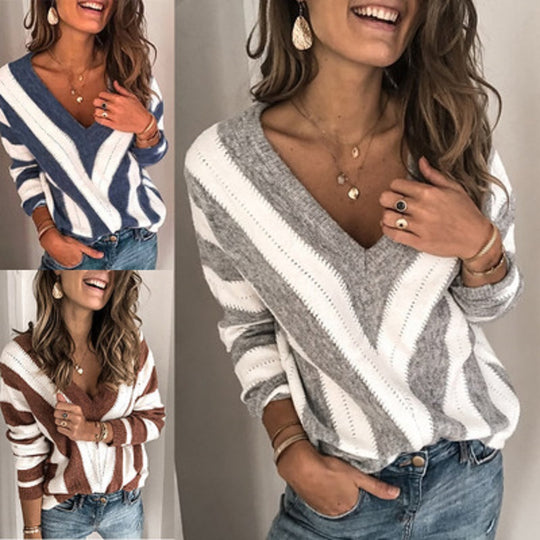 Damen Oversize V-Ausschnitt-Pullover mit Chevron-Intarsie und Ajourstrick Shop Nory
