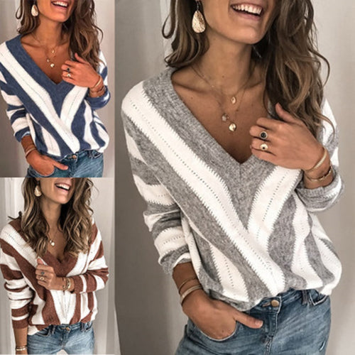 Damen Oversize V-Ausschnitt-Pullover mit Chevron-Intarsie und Ajourstrick Shop Nory