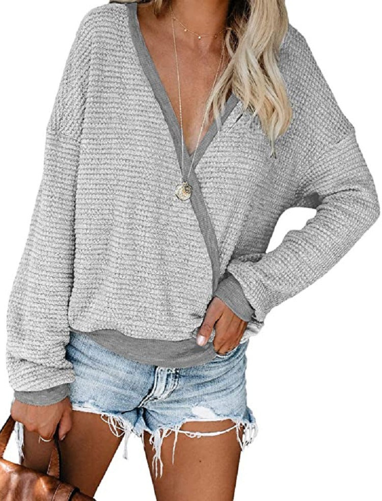 Damen Lockerer Waffelstrick-Pullover mit tiefem V-Ausschnitt und Lagen‑Look Shop Nory
