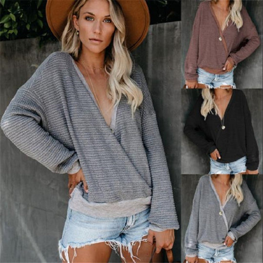 Damen Lockerer Waffelstrick-Pullover mit tiefem V-Ausschnitt und Lagen‑Look Shop Nory