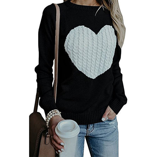 Damen Strickpullover mit Herzapplikation, Rippbündchen und legerer Passform Shop Nory
