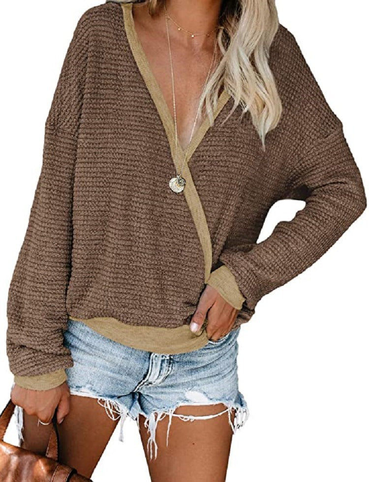 Damen Lockerer Waffelstrick-Pullover mit tiefem V-Ausschnitt und Lagen‑Look Shop Nory