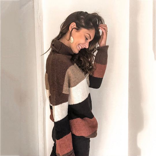 Damen Oversize-Blockstreifen-Rollkragenpullover aus fluffigem Strick Shop Nory