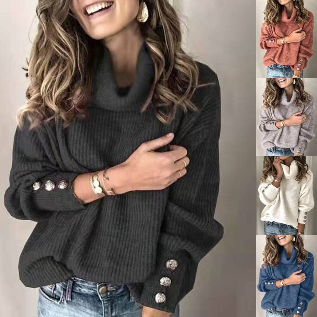 Damen Oversize-Rollkragenpullover mit Rippstruktur und Zierknopfleiste Shop Nory