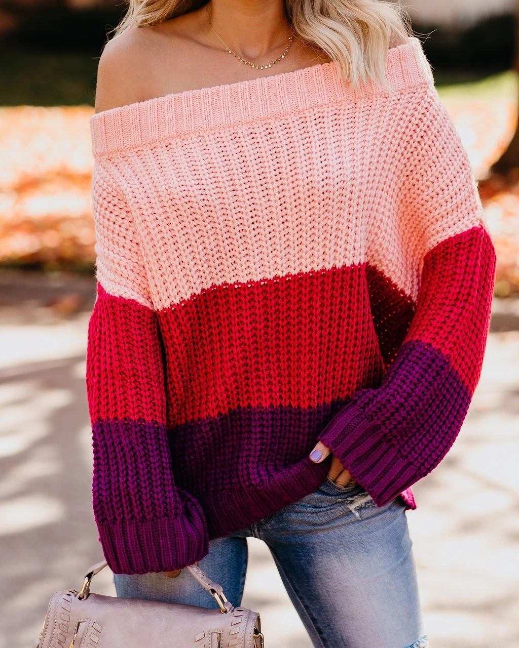 Damen Schulterfreier Oversize Blockstreifen Strickpullover Shop Nory