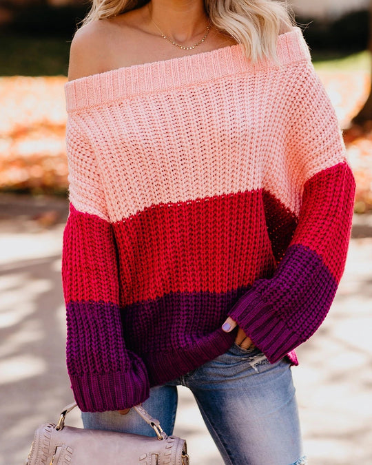 Damen Schulterfreier Oversize Blockstreifen Strickpullover Shop Nory